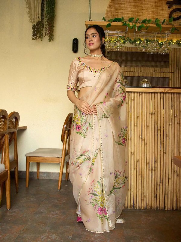 Peach Soft Organza Beautiful Floral Printed Classic Saree