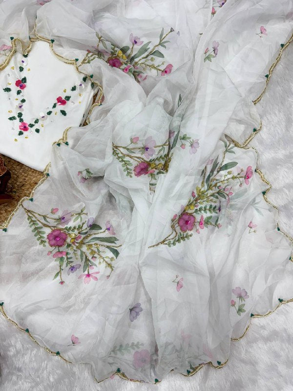 White Soft Organza Beautiful Floral Printed Classic Saree