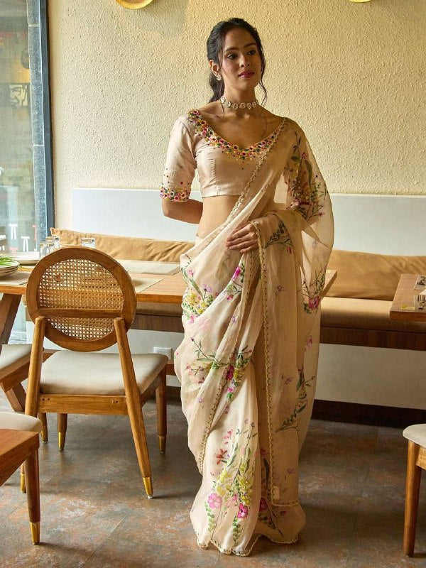 Peach Soft Organza Beautiful Floral Printed Classic Saree