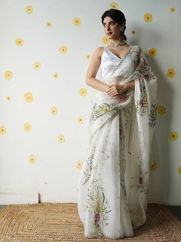 White Soft Organza Beautiful Floral Printed Classic Saree