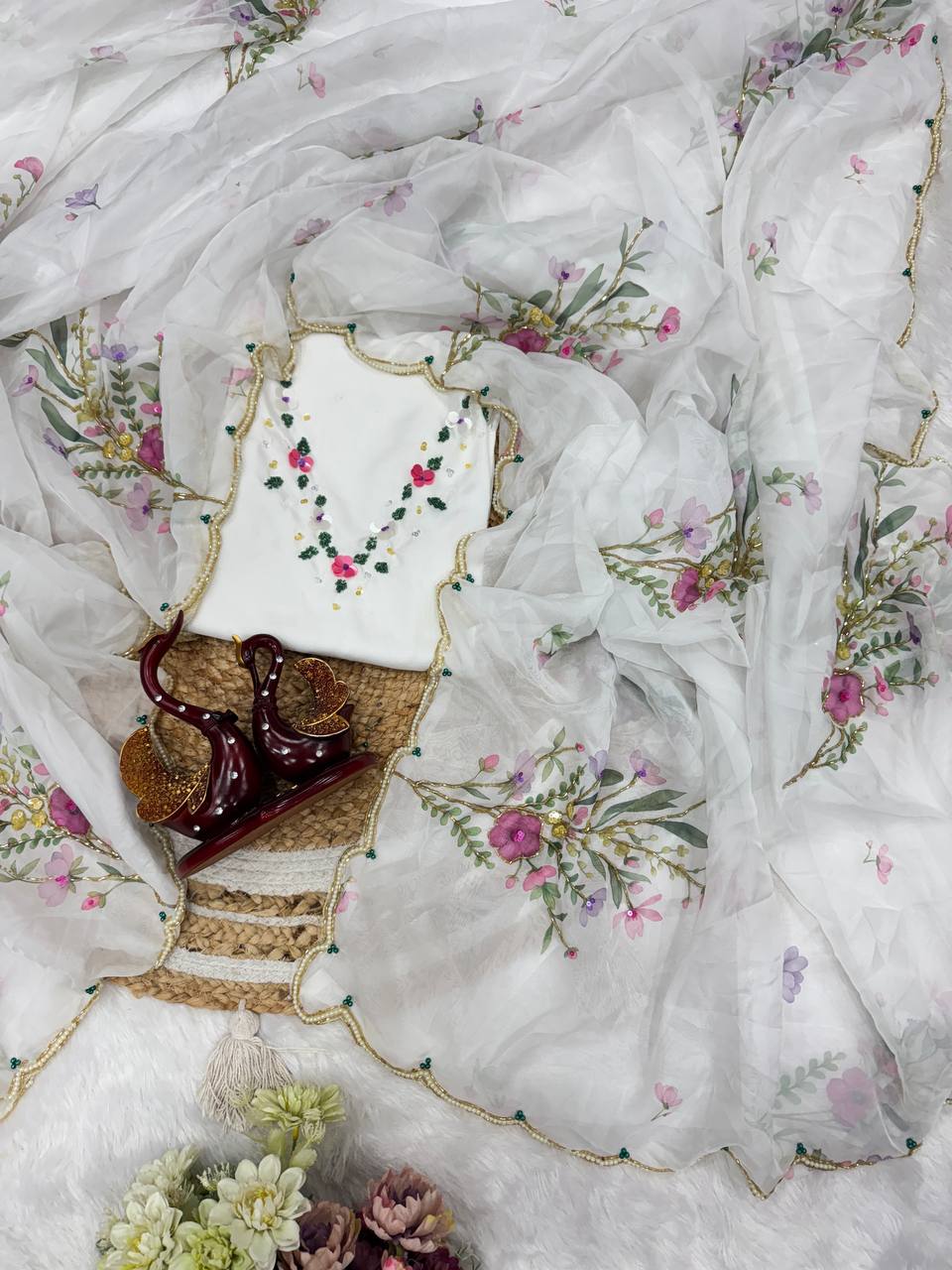 White Soft Organza Beautiful Floral Printed Classic Saree