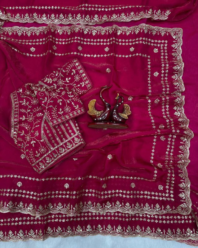 Pink Sequance And Zari Embroidery Work Gold Designer Saree