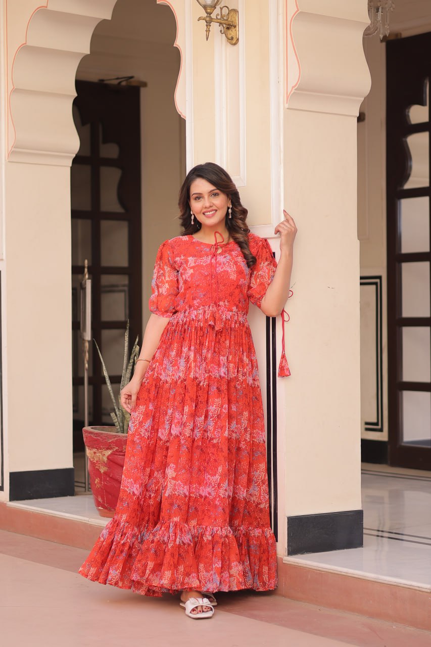 Red Color Faux Georgette With Print Gown