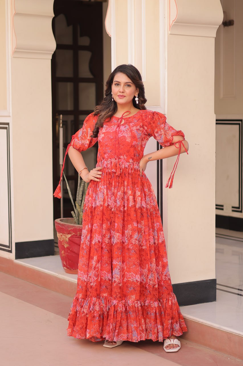 Red Color Faux Georgette With Print Gown
