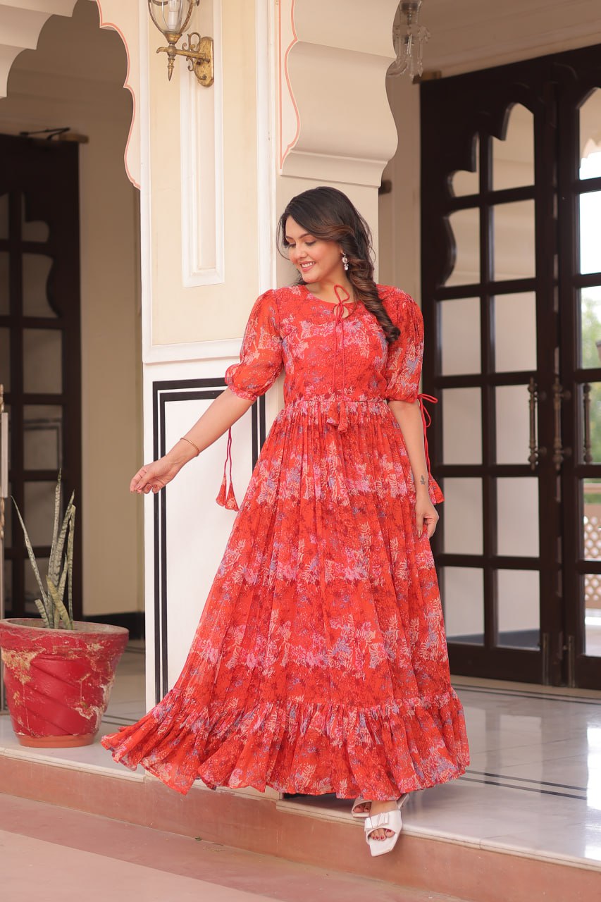 Red Color Faux Georgette With Print Gown