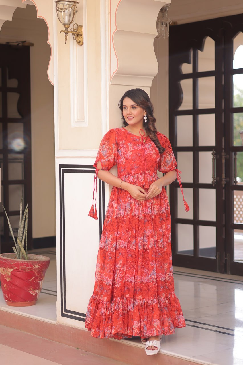Red Color Faux Georgette With Print Gown