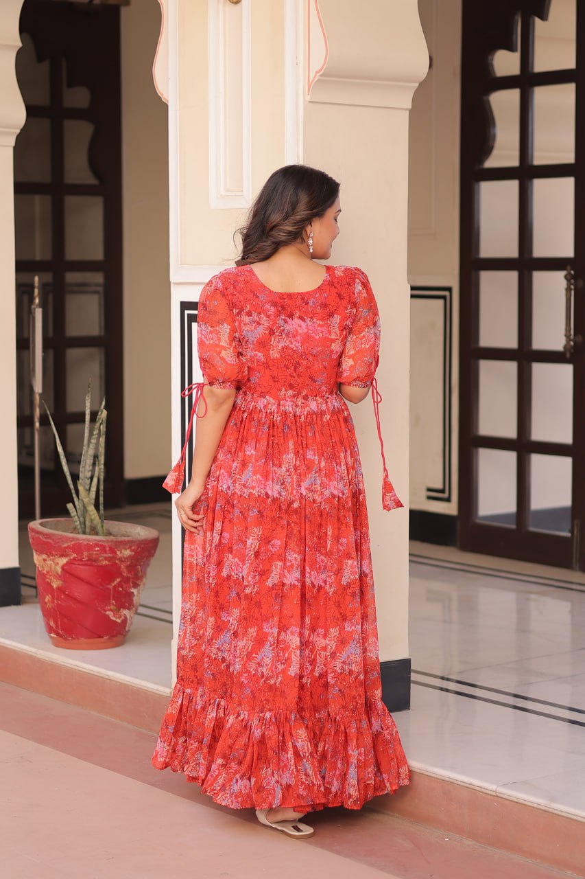 Red Color Faux Georgette With Print Gown