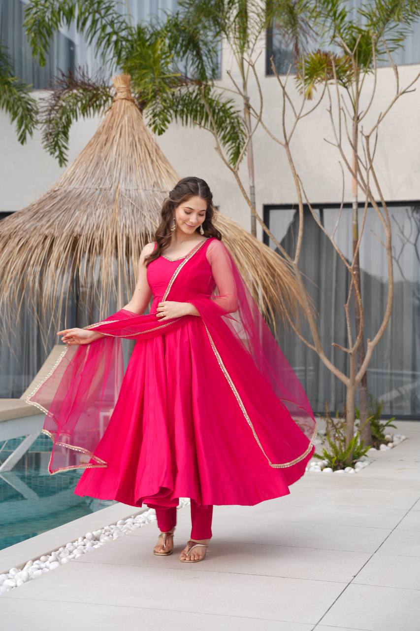 Pink Heavy Pure Roman silk Chanderi Fabric Salwar Suit