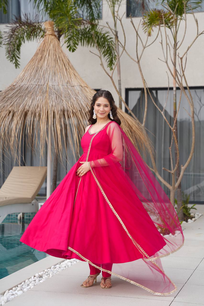 Pink Heavy Pure Roman silk Chanderi Fabric Salwar Suit