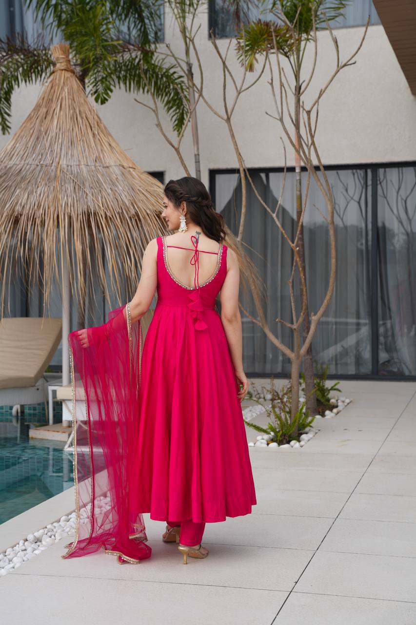 Pink Heavy Pure Roman silk Chanderi Fabric Salwar Suit