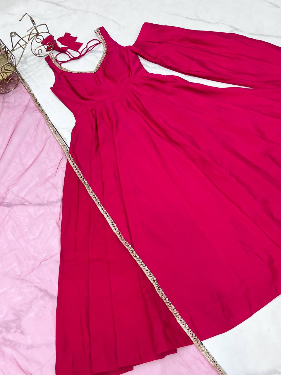 Pink Heavy Pure Roman silk Chanderi Fabric Salwar Suit
