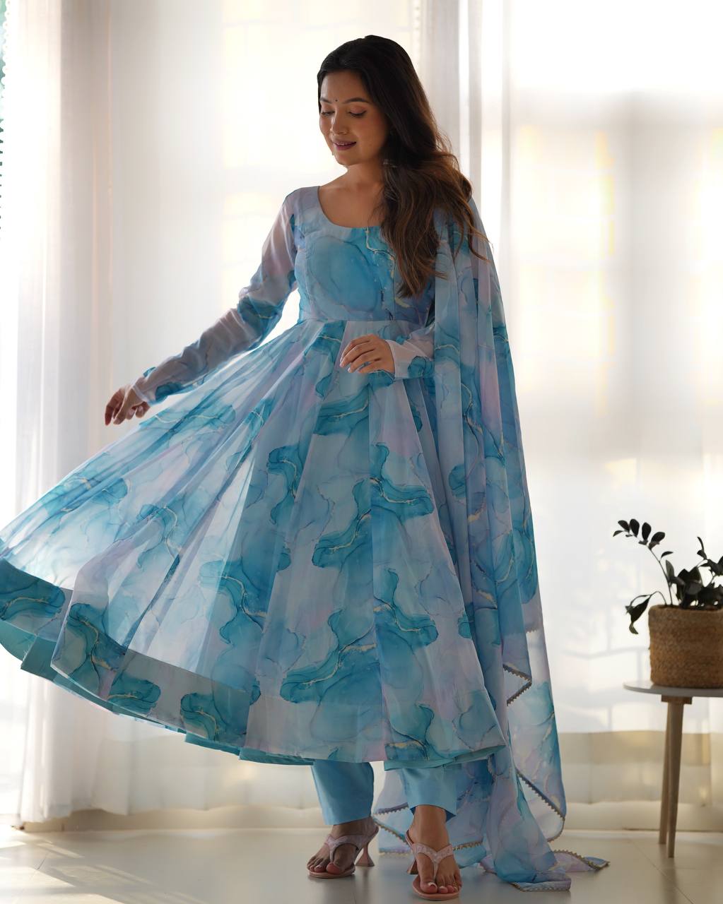 Sky Blue Heavy Pure Soft Organza Silk Marble Print Salwar Suit