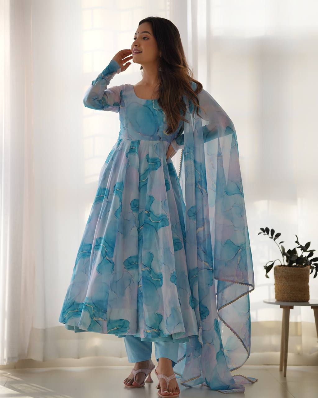 Sky Blue Heavy Pure Soft Organza Silk Marble Print Salwar Suit