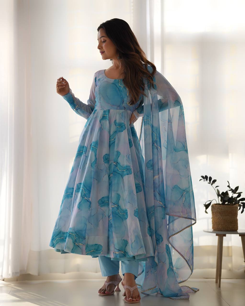 Sky Blue Heavy Pure Soft Organza Silk Marble Print Salwar Suit