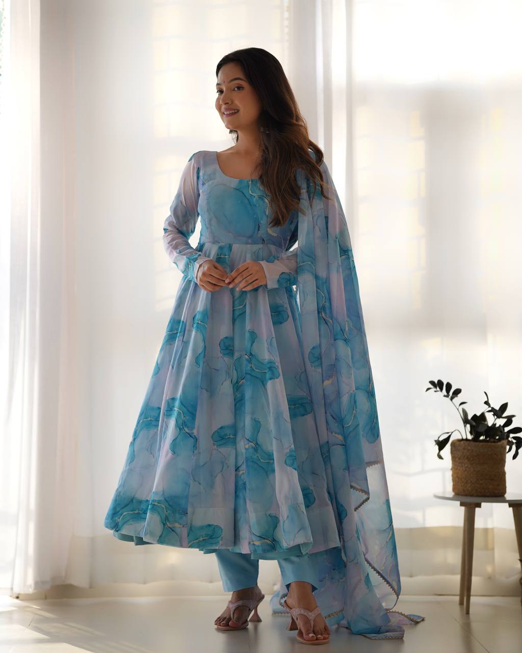 Sky Blue Heavy Pure Soft Organza Silk Marble Print Salwar Suit