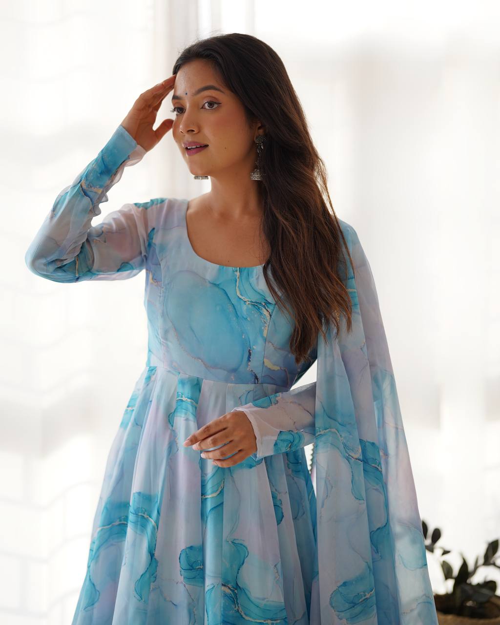Sky Blue Heavy Pure Soft Organza Silk Marble Print Salwar Suit