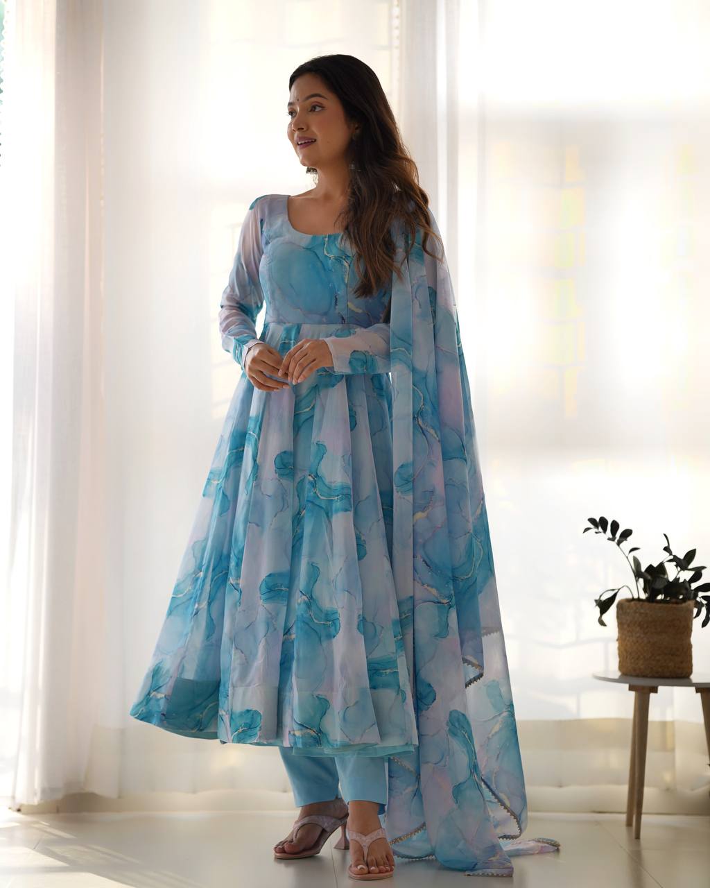 Sky Blue Heavy Pure Soft Organza Silk Marble Print Salwar Suit