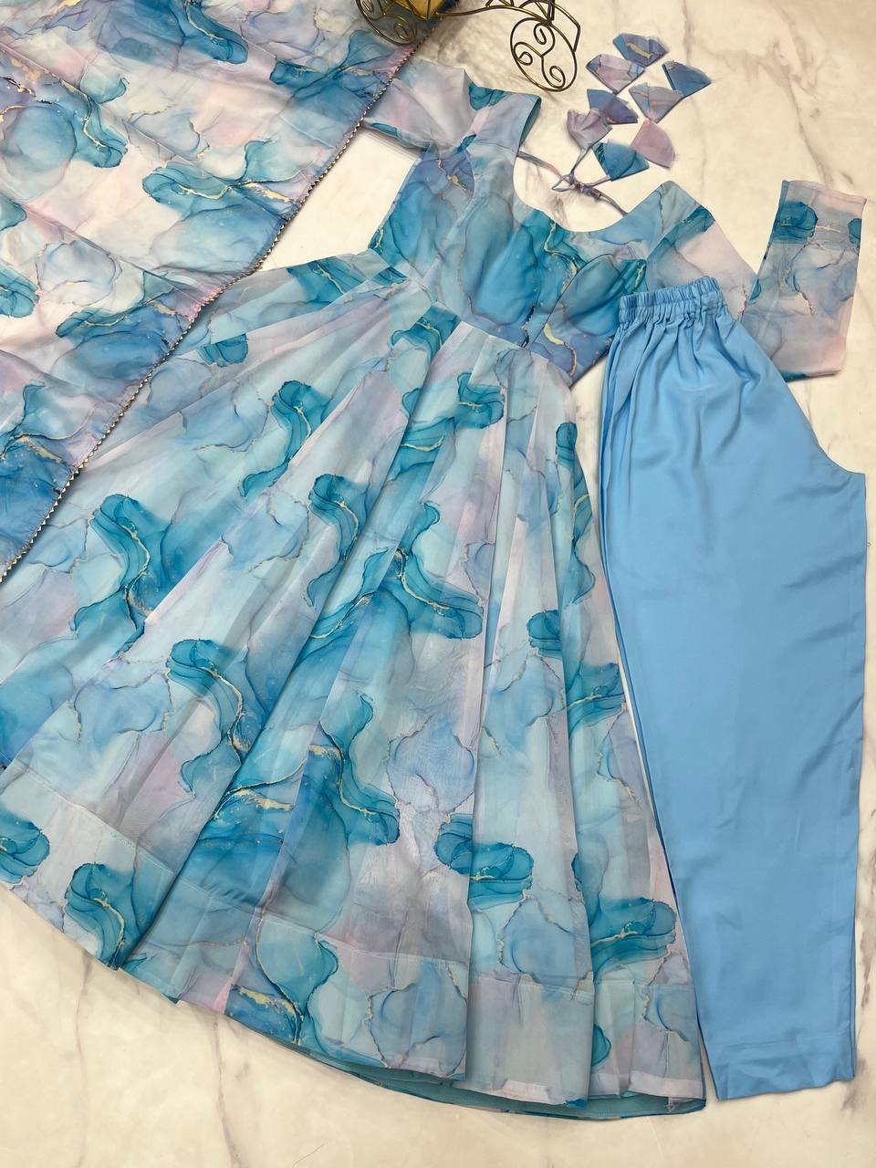Sky Blue Heavy Pure Soft Organza Silk Marble Print Salwar Suit