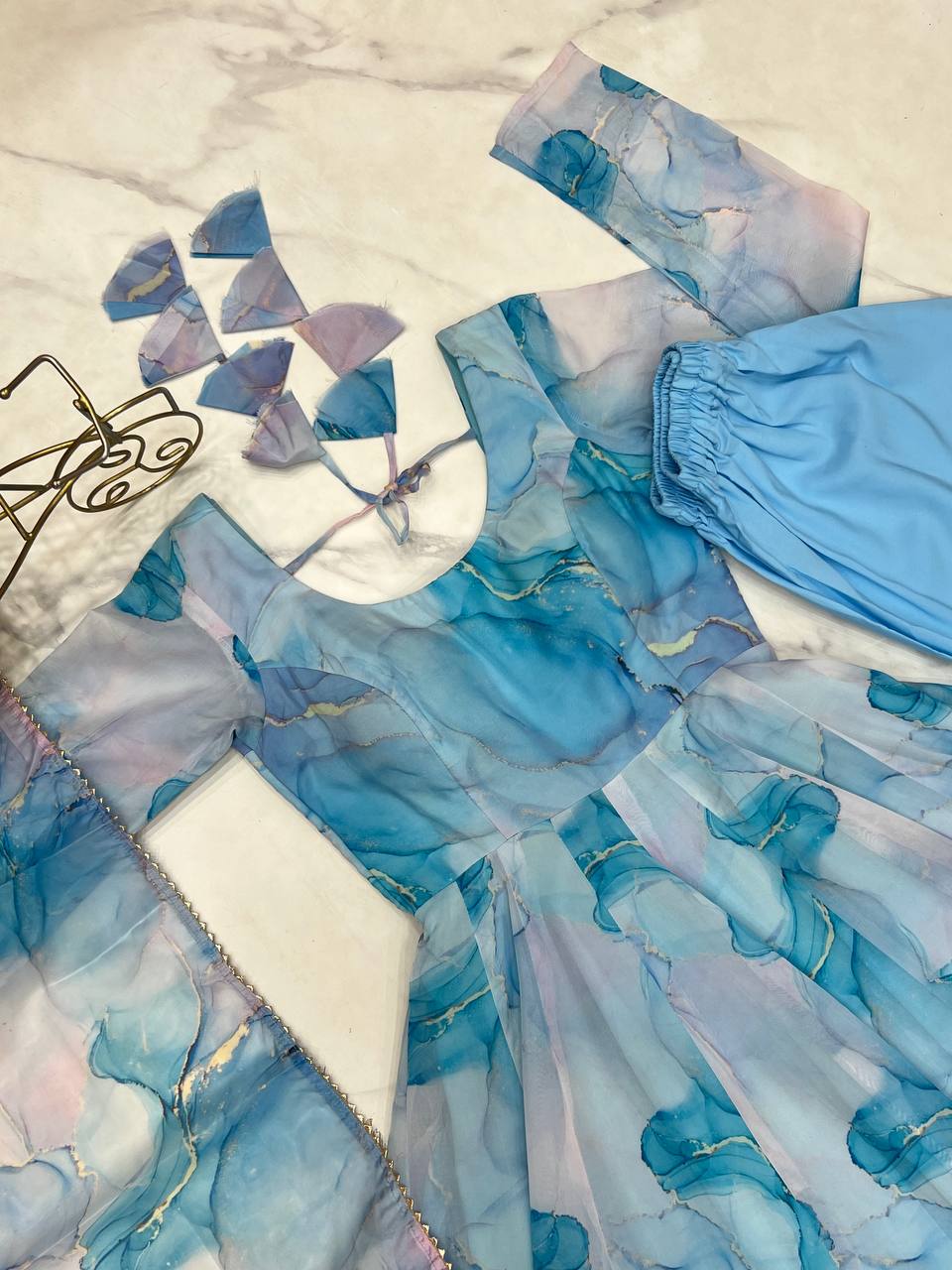 Sky Blue Heavy Pure Soft Organza Silk Marble Print Salwar Suit