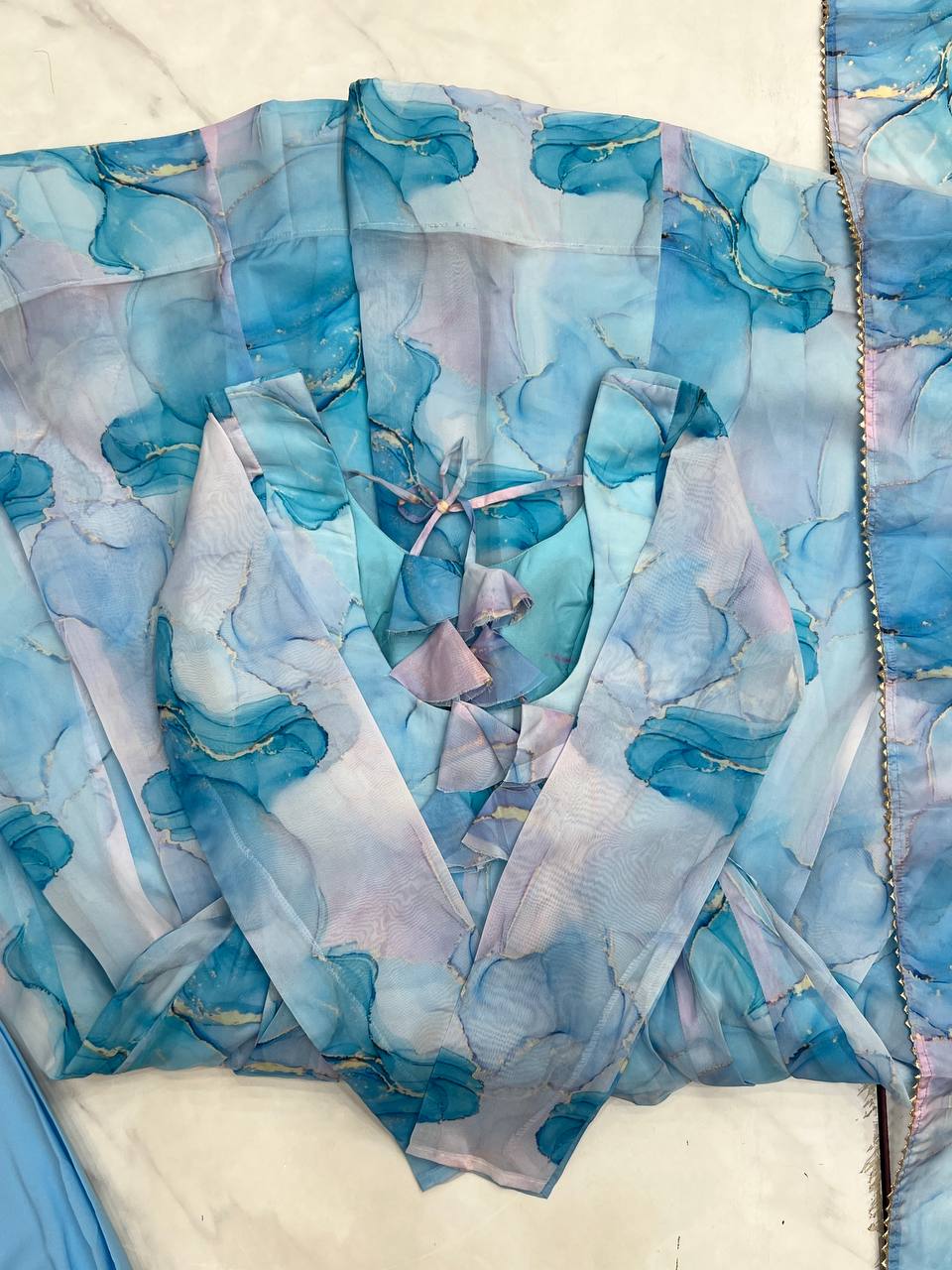 Sky Blue Heavy Pure Soft Organza Silk Marble Print Salwar Suit