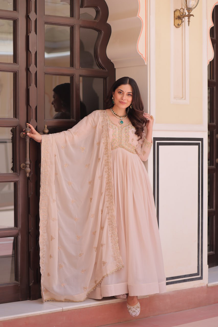 Cream Georgette Sequins Multi Embroidered Work Gown