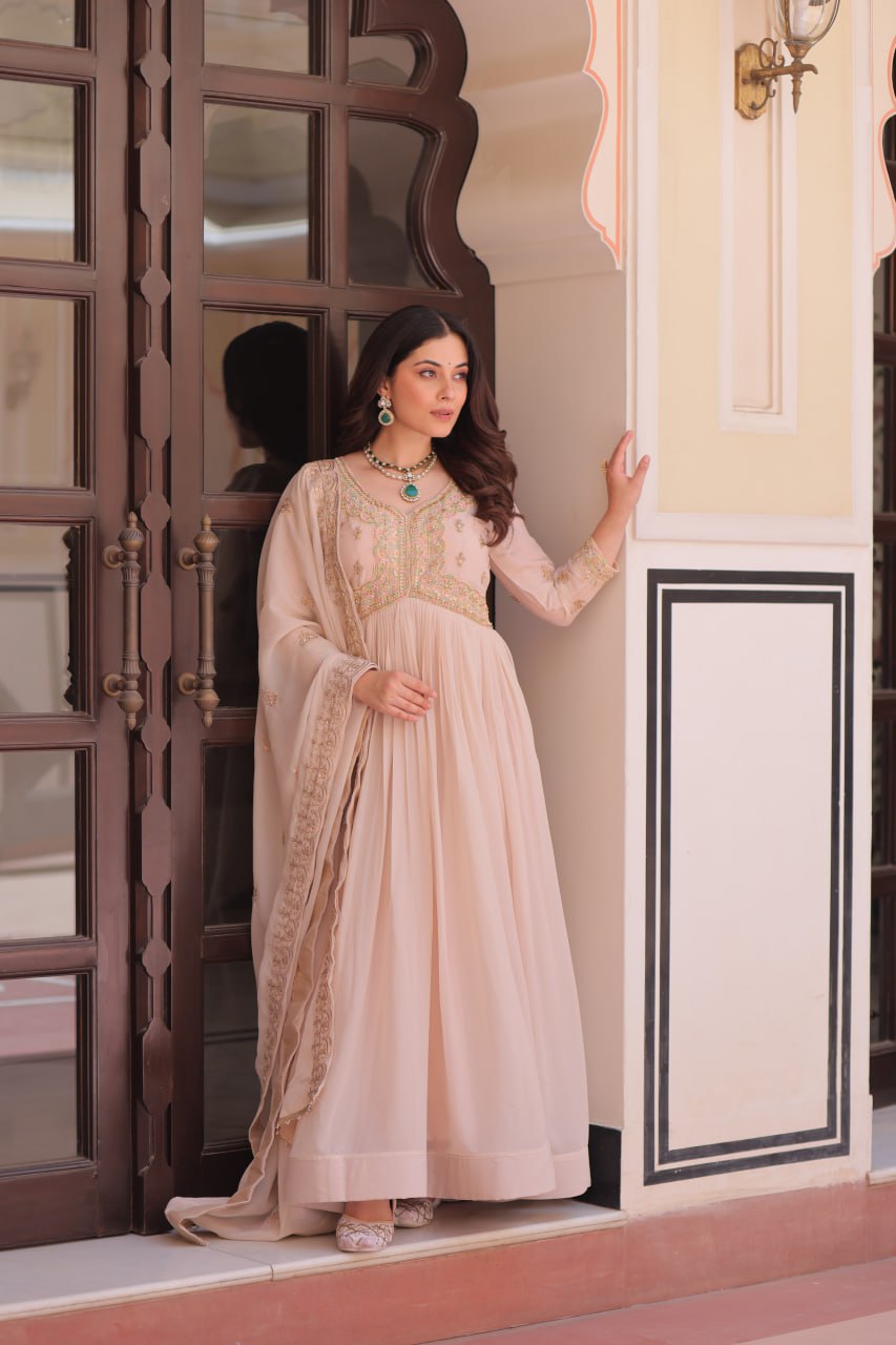 Cream Georgette Sequins Multi Embroidered Work Gown