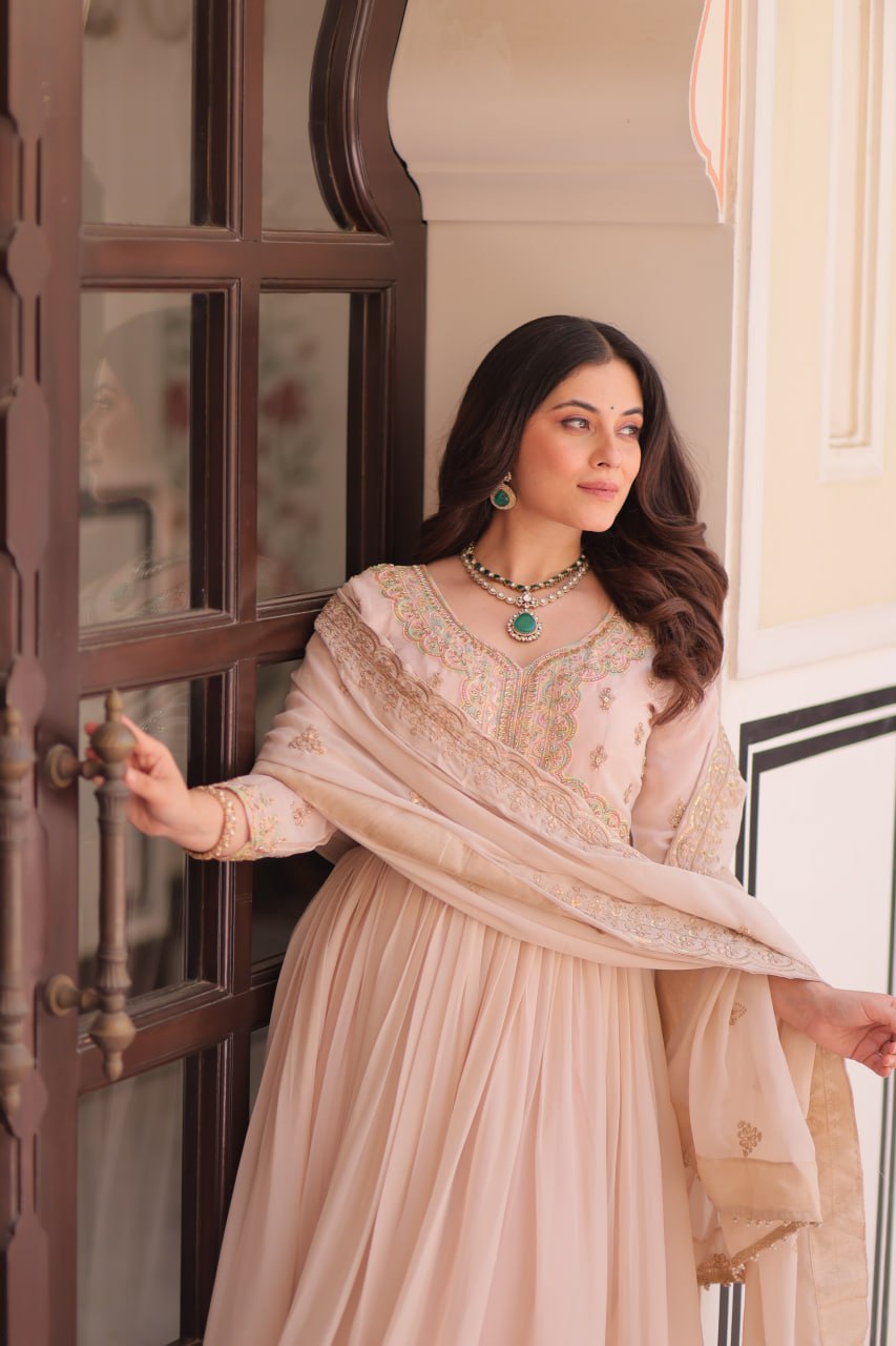 Cream Georgette Sequins Multi Embroidered Work Gown