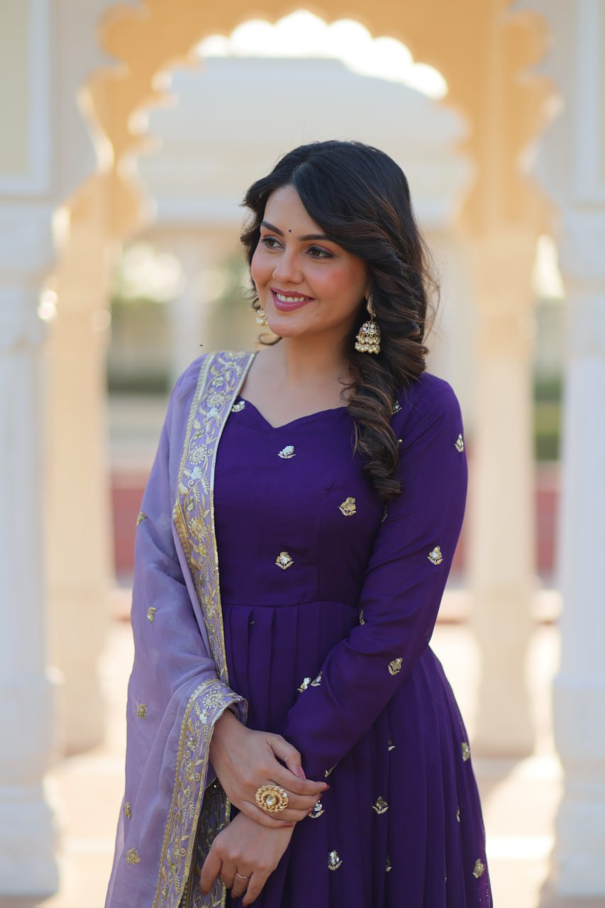 Purple Designer Georgette With Embroidery Zari Sequins Work Gown