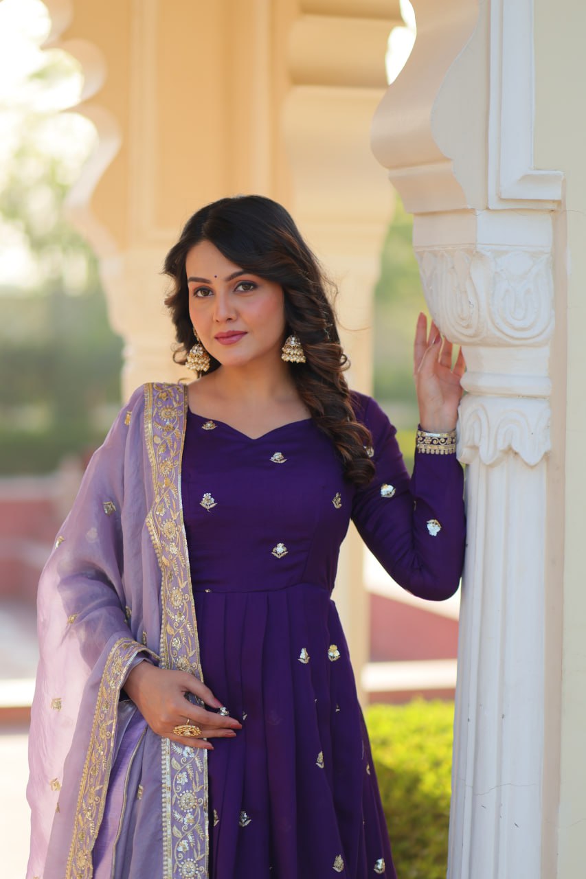 Purple Designer Georgette With Embroidery Zari Sequins Work Gown