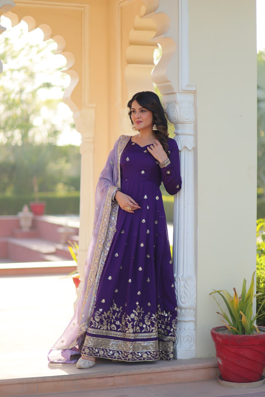 Purple Designer Georgette With Embroidery Zari Sequins Work Gown