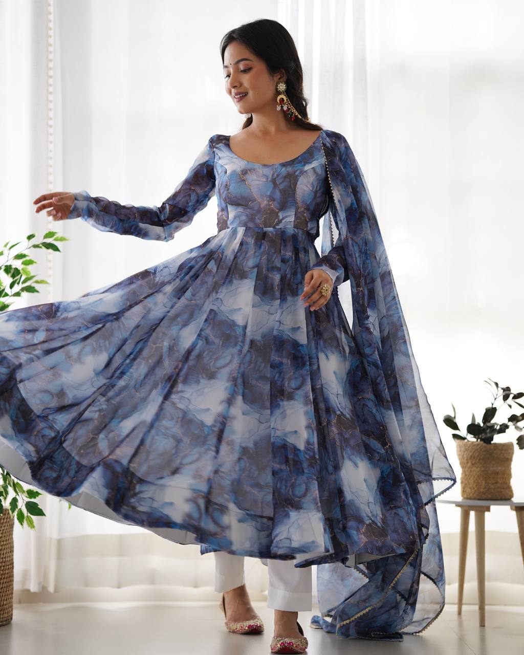 Navy Blue Heavy Pure Soft Organza Silk Marble Print Salwar Suit