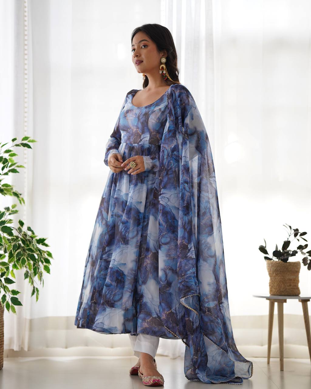 Navy Blue Heavy Pure Soft Organza Silk Marble Print Salwar Suit