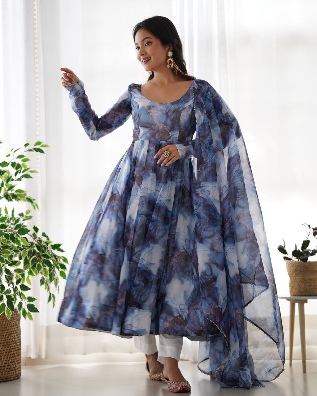 Navy Blue Heavy Pure Soft Organza Silk Marble Print Salwar Suit