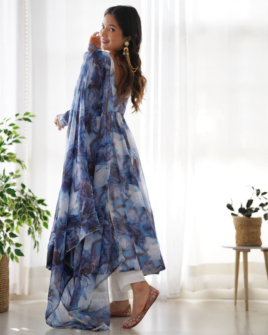 Navy Blue Heavy Pure Soft Organza Silk Marble Print Salwar Suit
