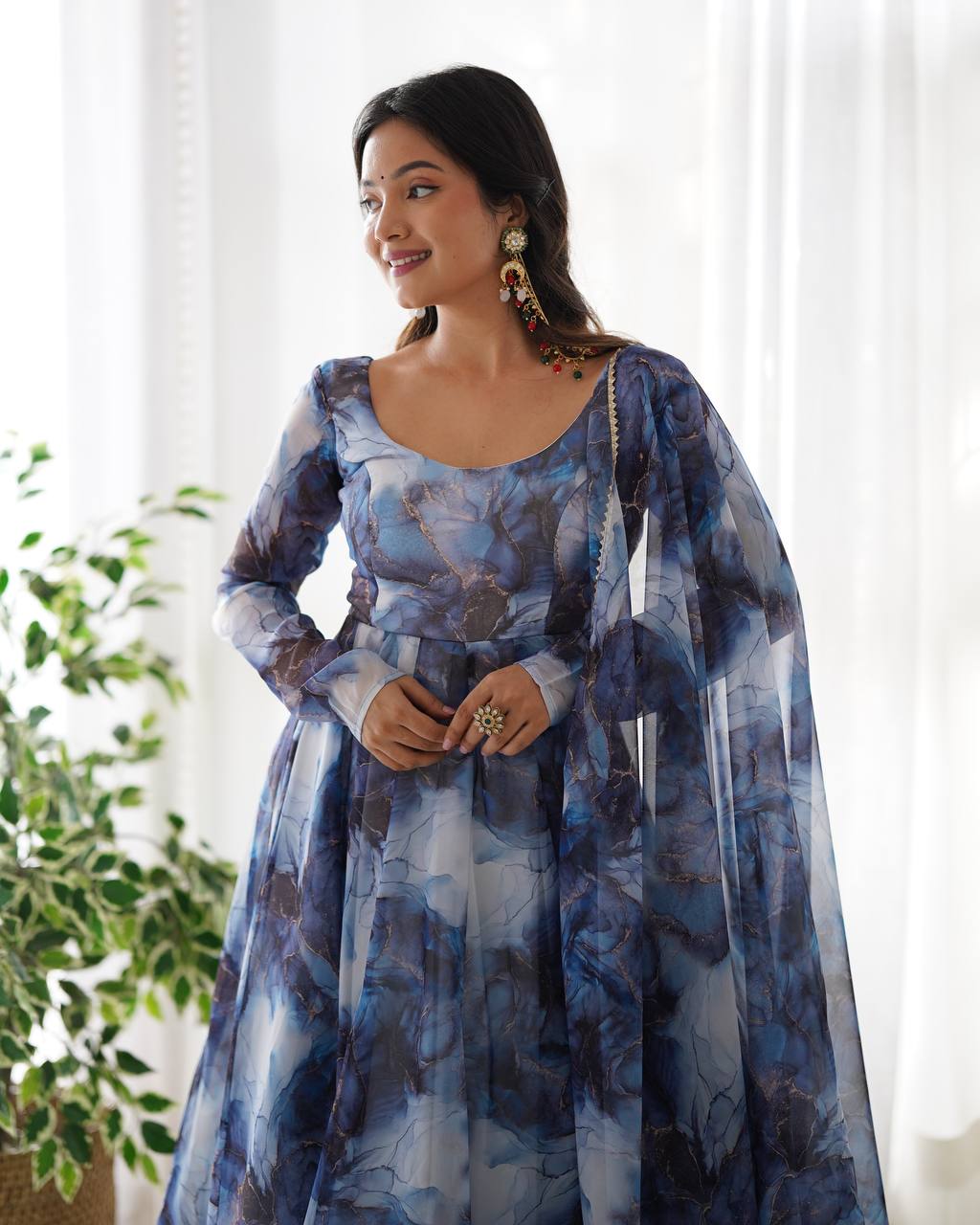 Navy Blue Heavy Pure Soft Organza Silk Marble Print Salwar Suit