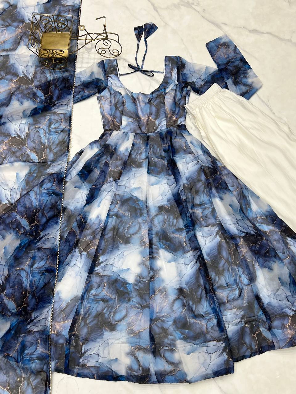 Navy Blue Heavy Pure Soft Organza Silk Marble Print Salwar Suit