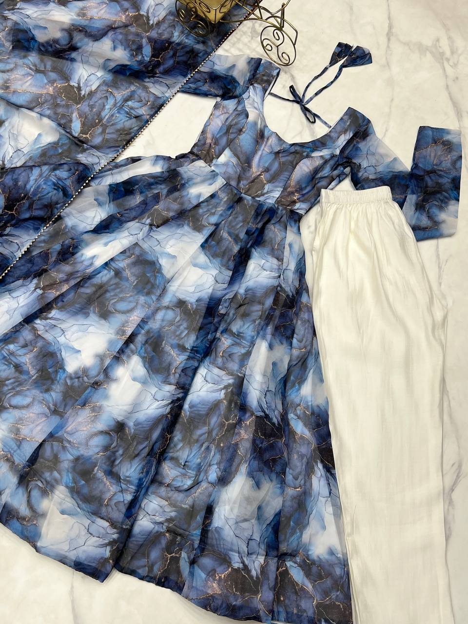 Navy Blue Heavy Pure Soft Organza Silk Marble Print Salwar Suit