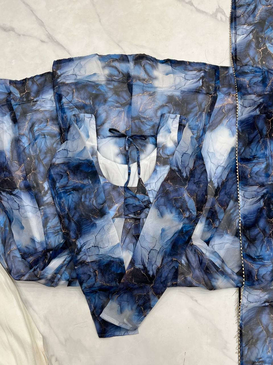 Navy Blue Heavy Pure Soft Organza Silk Marble Print Salwar Suit