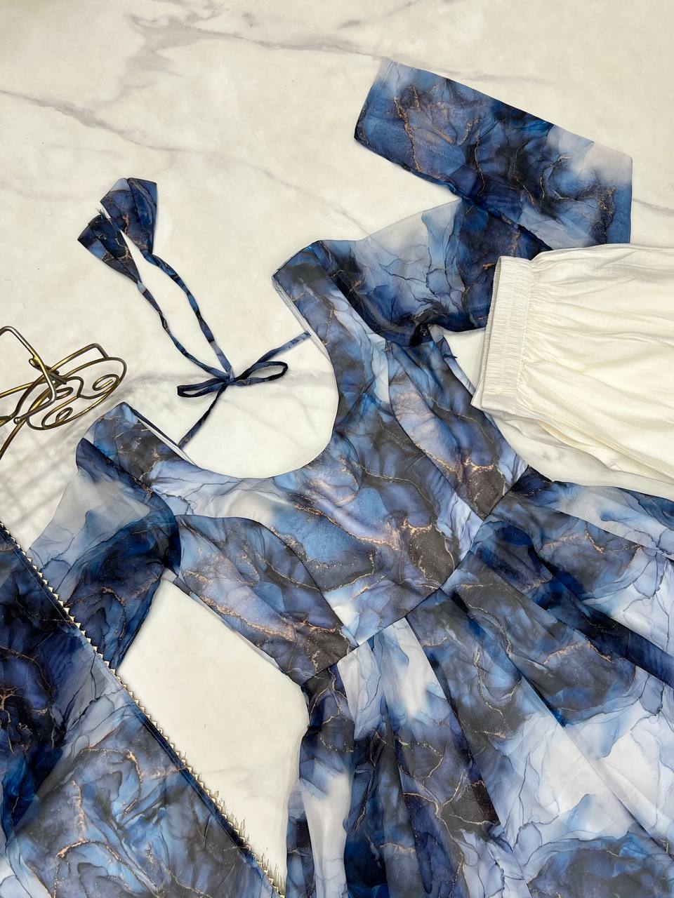 Navy Blue Heavy Pure Soft Organza Silk Marble Print Salwar Suit