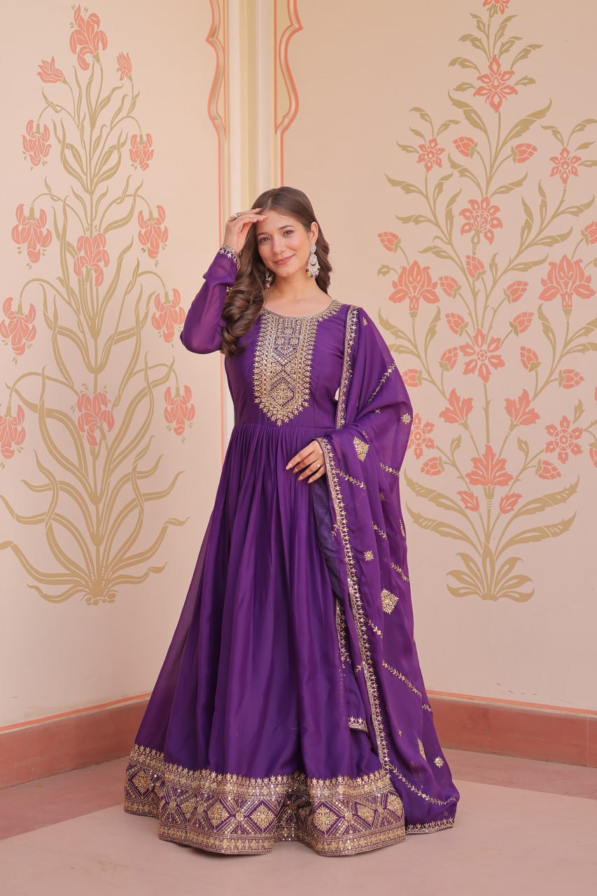 Purple Zari Sequins Embroidered Work Round Neck Gown