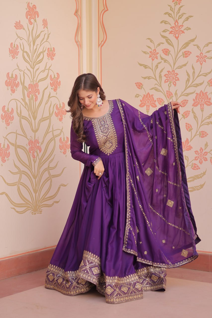 Purple Zari Sequins Embroidered Work Round Neck Gown