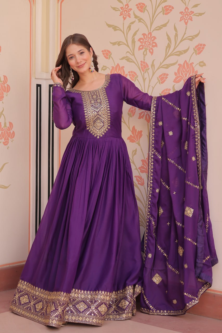 Purple Zari Sequins Embroidered Work Round Neck Gown