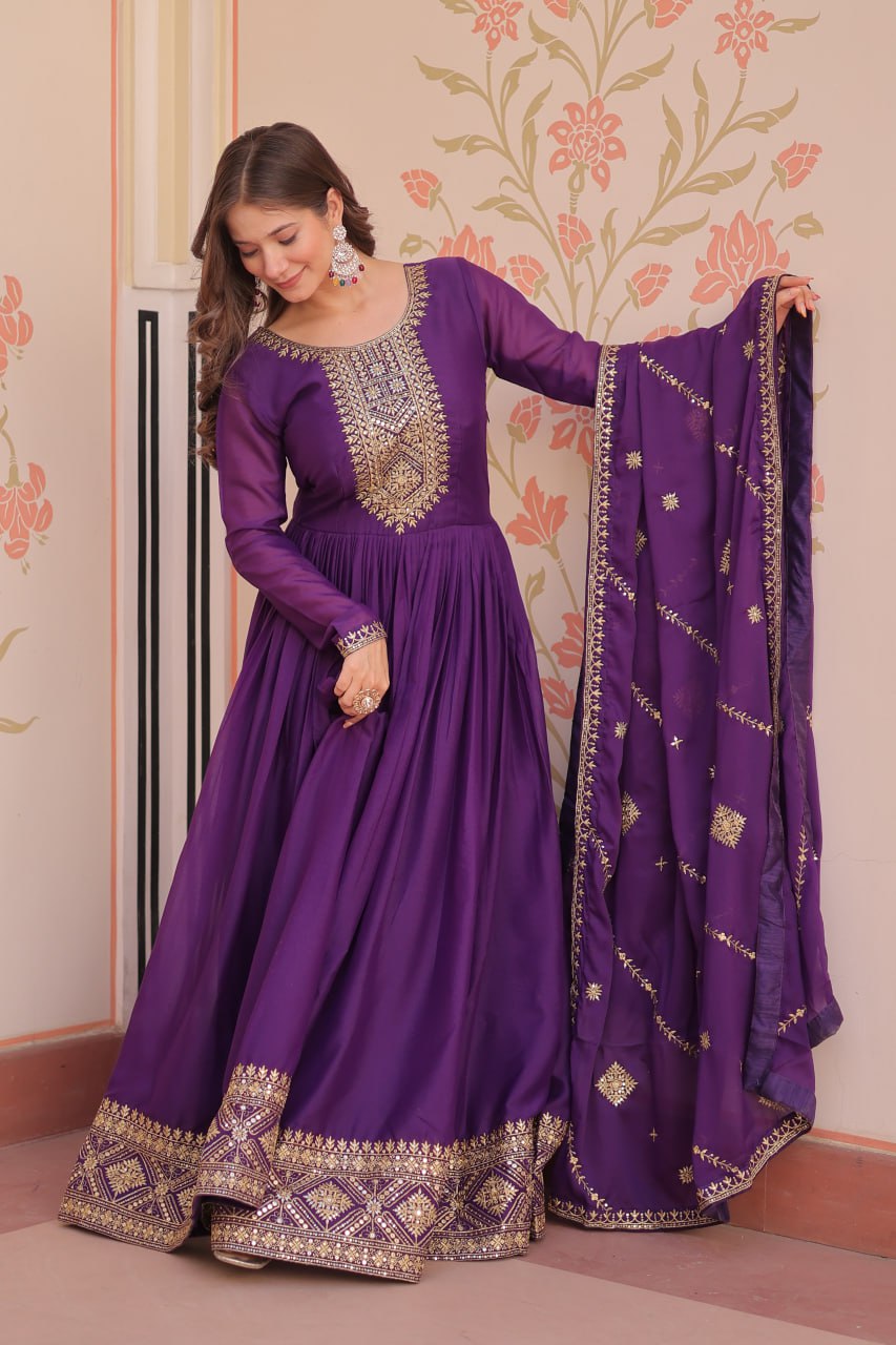 Purple Zari Sequins Embroidered Work Round Neck Gown