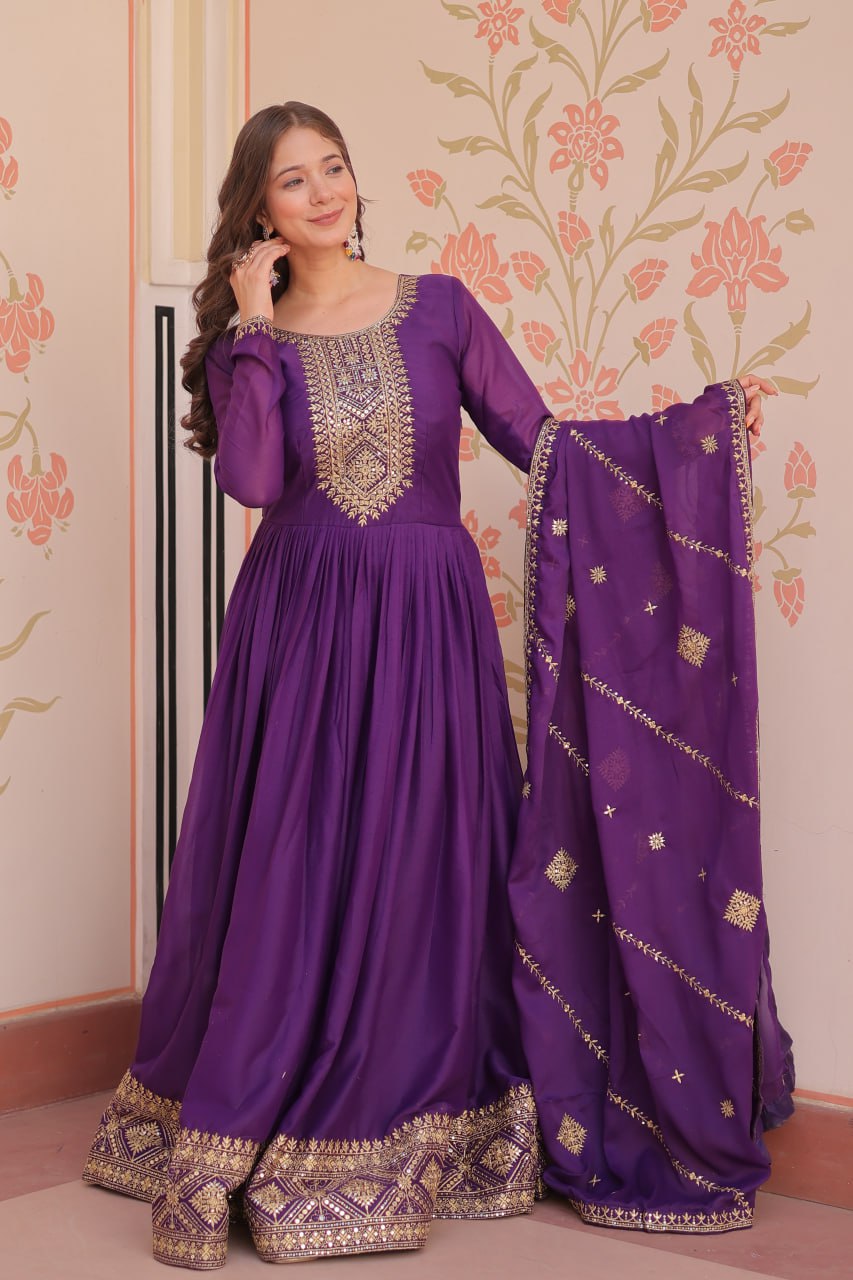 Purple Zari Sequins Embroidered Work Round Neck Gown