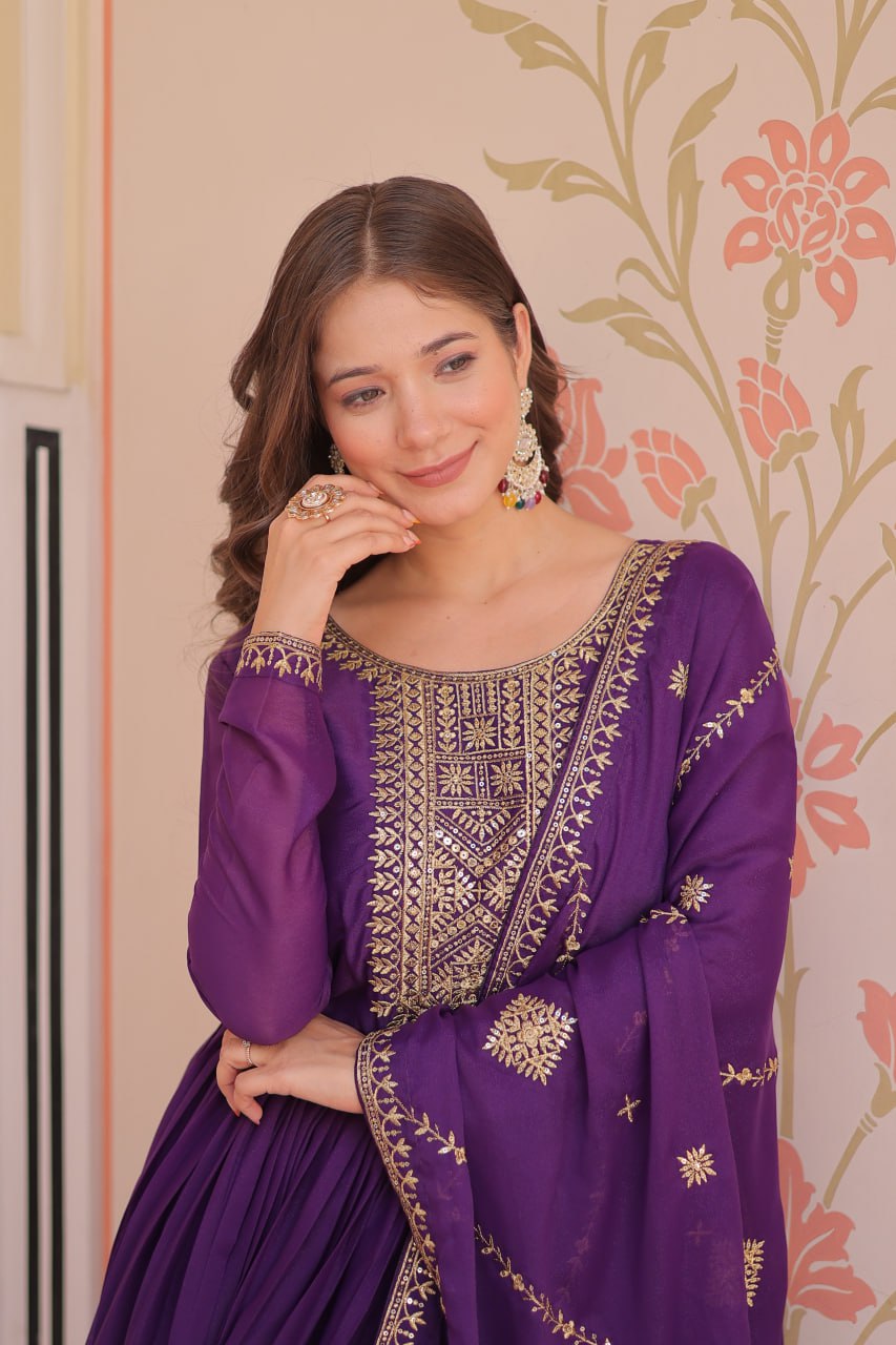Purple Zari Sequins Embroidered Work Round Neck Gown