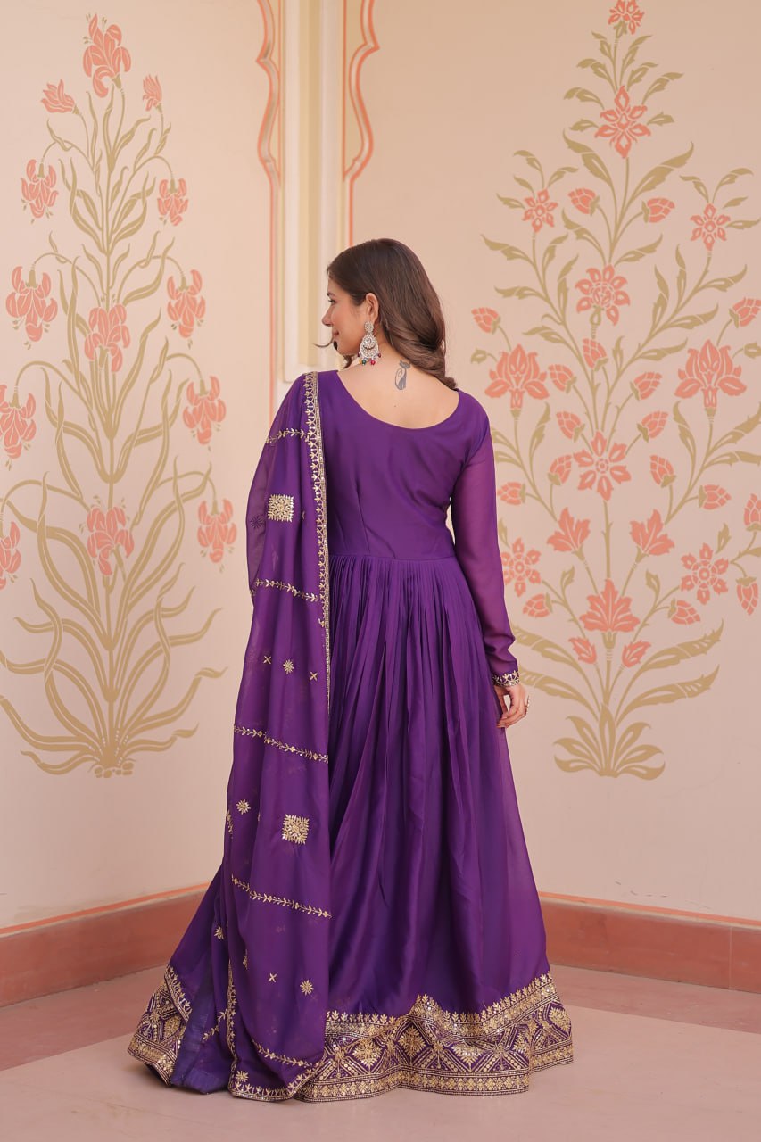 Purple Zari Sequins Embroidered Work Round Neck Gown