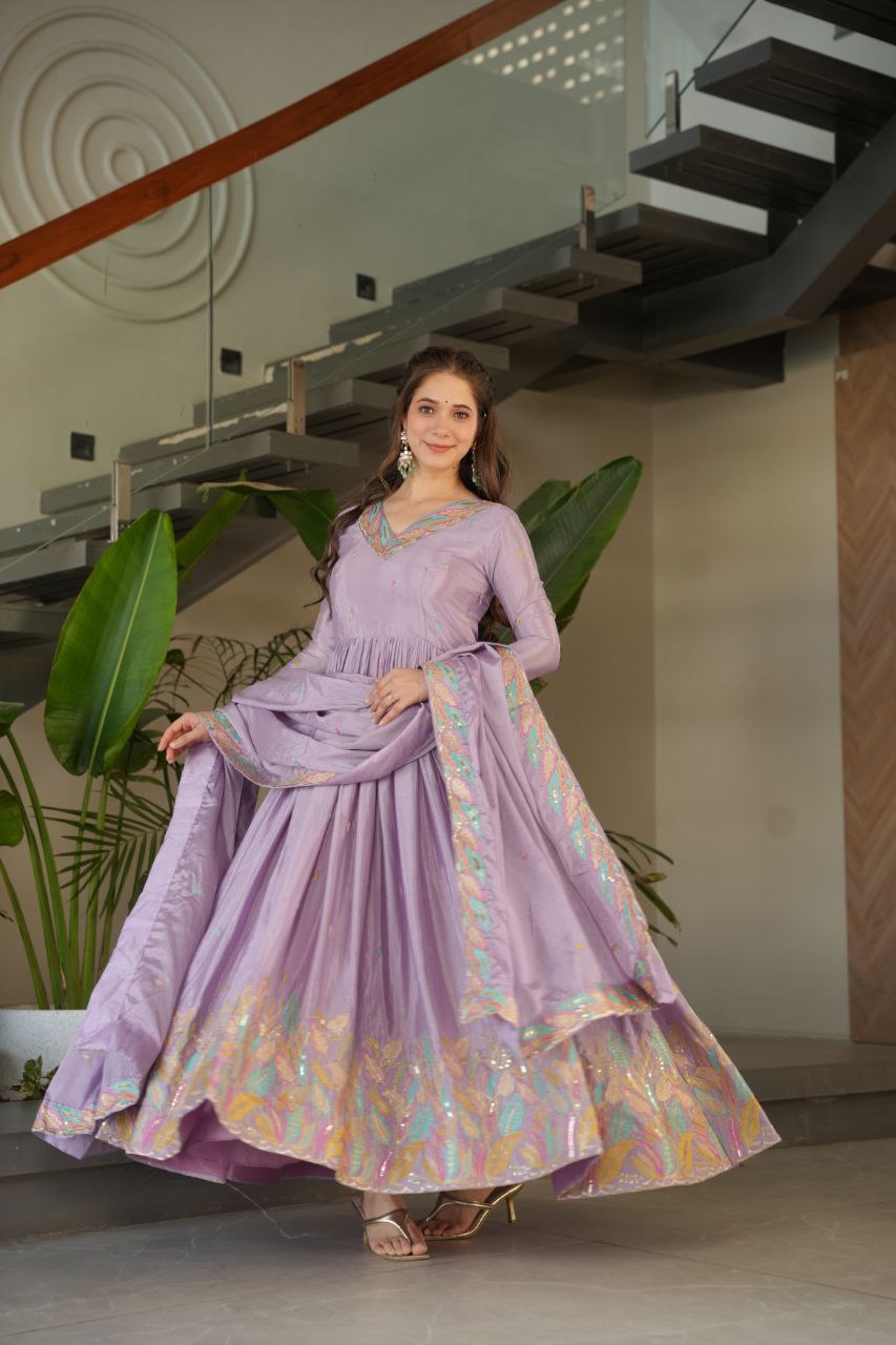 Lavender Chinnon With Rich Sequins Multi Thread Embroidered Work Gown