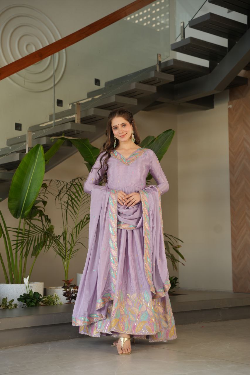 Lavender Chinnon With Rich Sequins Multi Thread Embroidered Work Gown