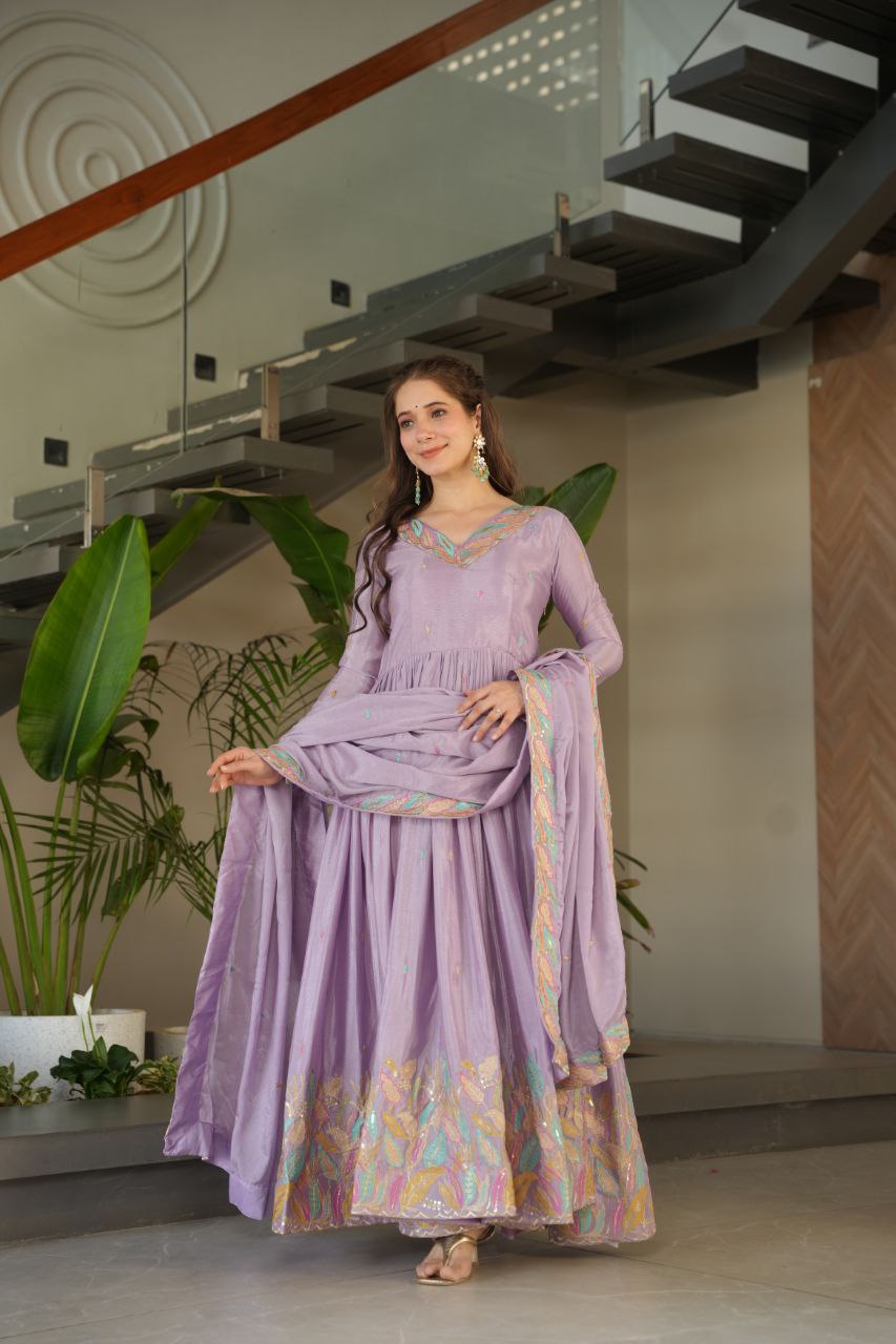 Lavender Chinnon With Rich Sequins Multi Thread Embroidered Work Gown