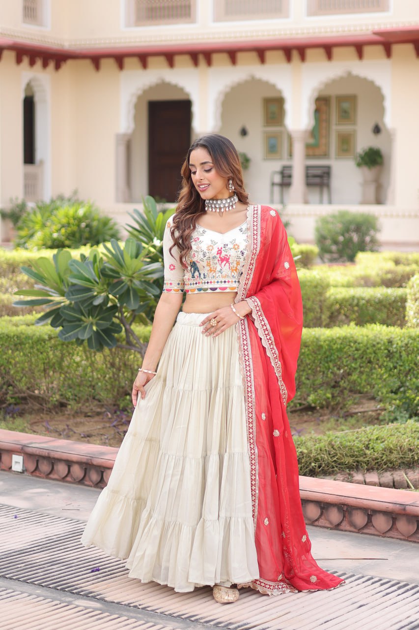 White Orange Cosmos Silk With Standard Frill Stitching Work Lehenga Choli